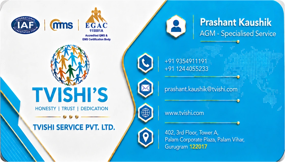 TVISHI'S business card front - Prashant Kaushik, AGM - Specialised Service